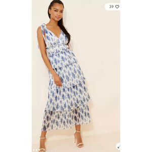 Anthro X Bellevue floral blue toile Sleeveless Tiered Maxi Dress $164 retail med